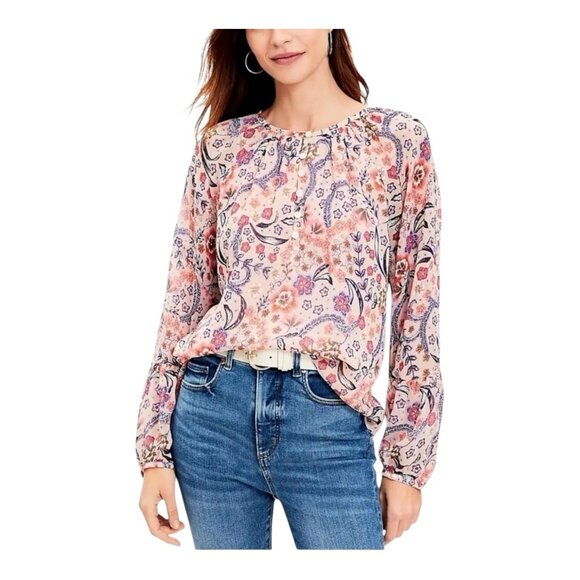 Loft Tops - Loft Bloom Bubble Sleeve Henley Top XL Floral Lined Pink Round Neck Buttons